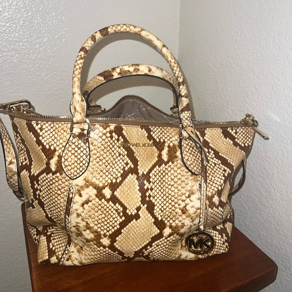 Michael Kors Tan and Brown Snake-Print Satchel